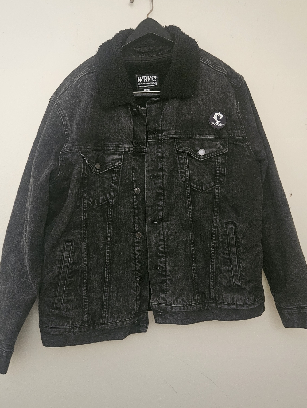 WRVE Waveriding Vehicles Men’s Black Denim Sherpa Lined Biker Jacket Skull Siz L